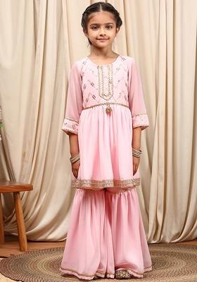 Pink Embroidered Poly Blend Sharara Set With Dupatta For Girls