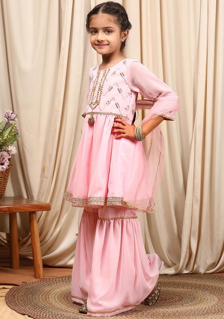 Pink Embroidered Poly Blend Sharara Set With Dupatta For Girls