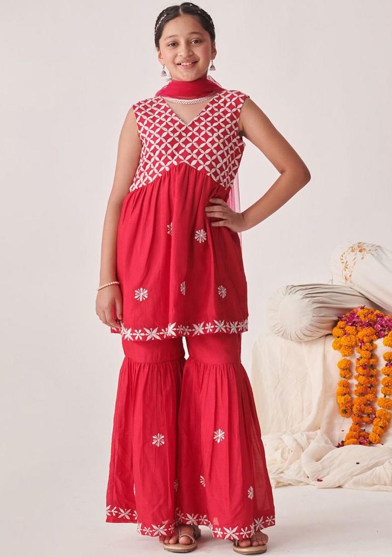 Red Embroidered Poly Blend Sharara Set With Dupatta For Girls