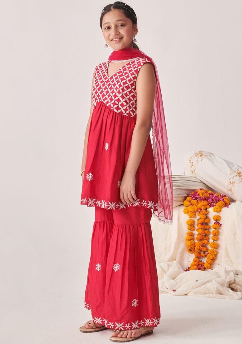 Red Embroidered Poly Blend Sharara Set With Dupatta For Girls