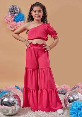 Magenta Embroidered Poly Blend Co Ord Set For Girlss