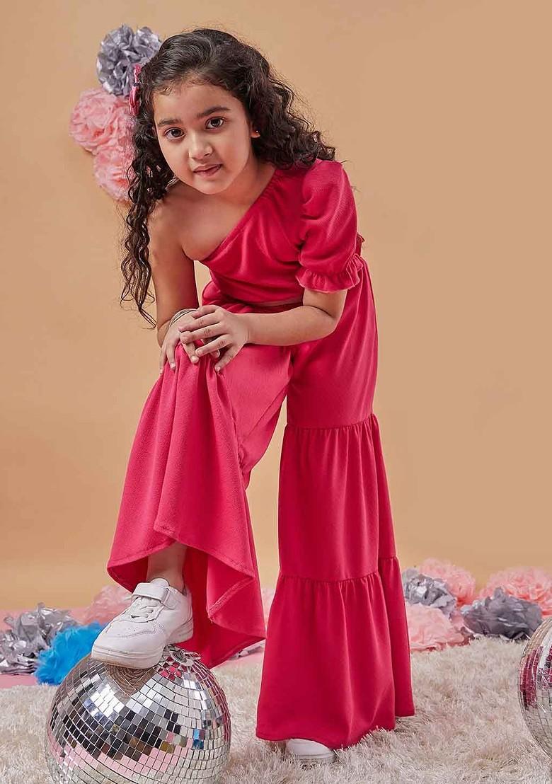 Magenta Embroidered Poly Blend Co Ord Set For Girlss