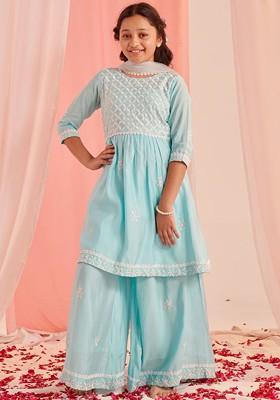 Blue Embroidered Poly Blend Sharara Set With Dupatta For Girls
