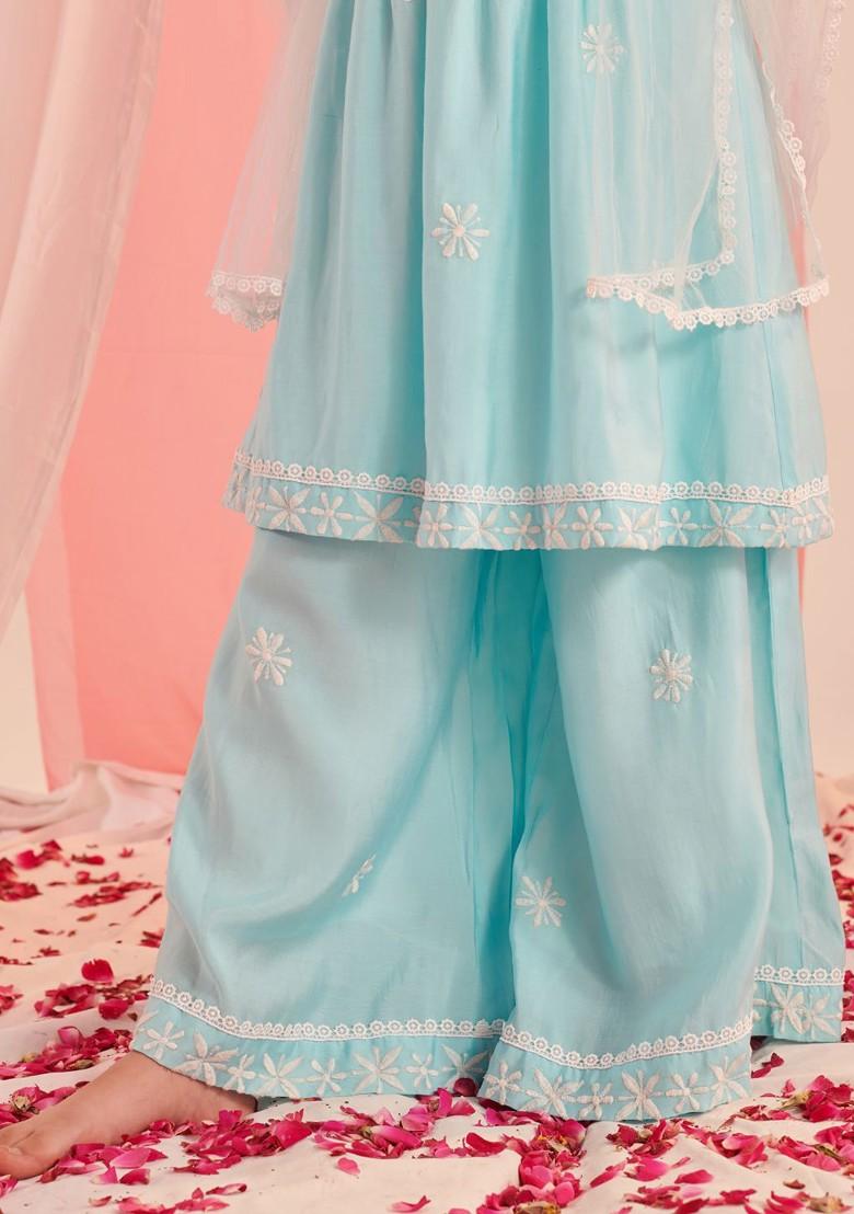 Blue Embroidered Poly Blend Sharara Set With Dupatta For Girls