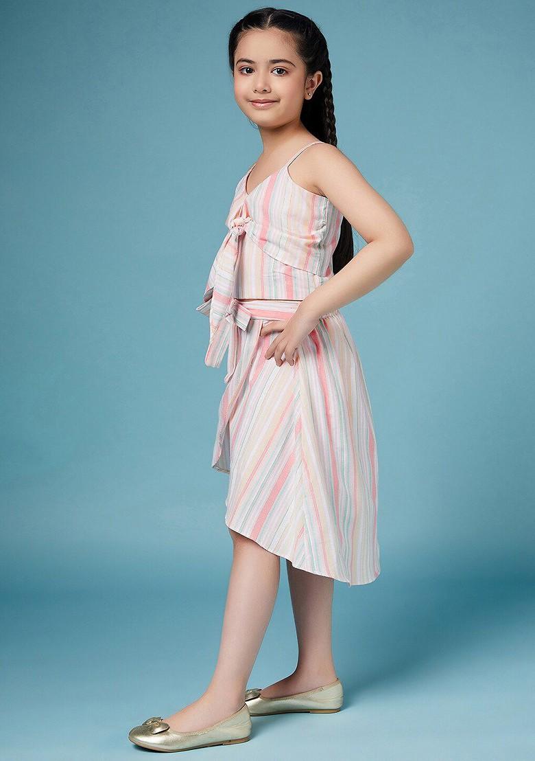 Cream Embroidered Poly Blend Co Ord Set For Girlss