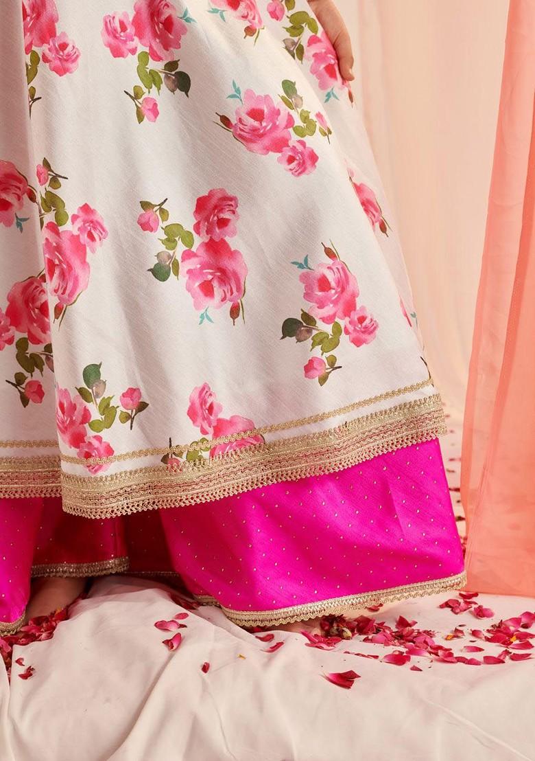 White Printed Poly Blend Palazzo Set With Dupatta For Girls