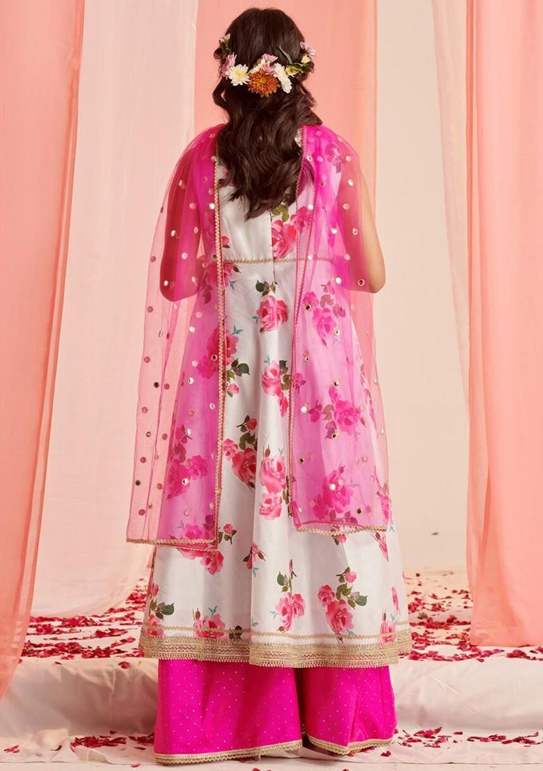 White Printed Poly Blend Palazzo Set With Dupatta For Girls
