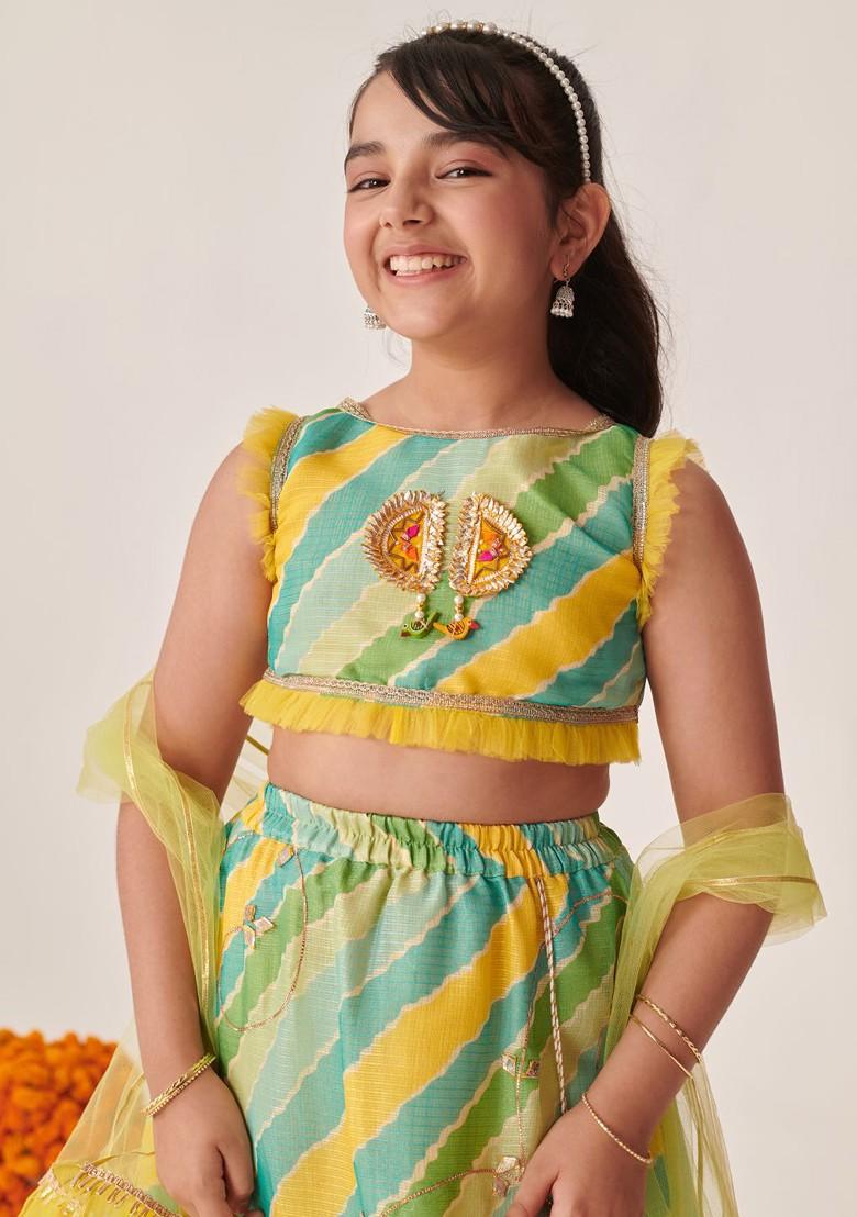 Green Printed Poly Blend Lehenga Set With Dupatta For Girls