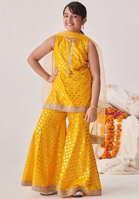 Yellow Printed Poly Blend Sharara Set With Dupatta For Girls