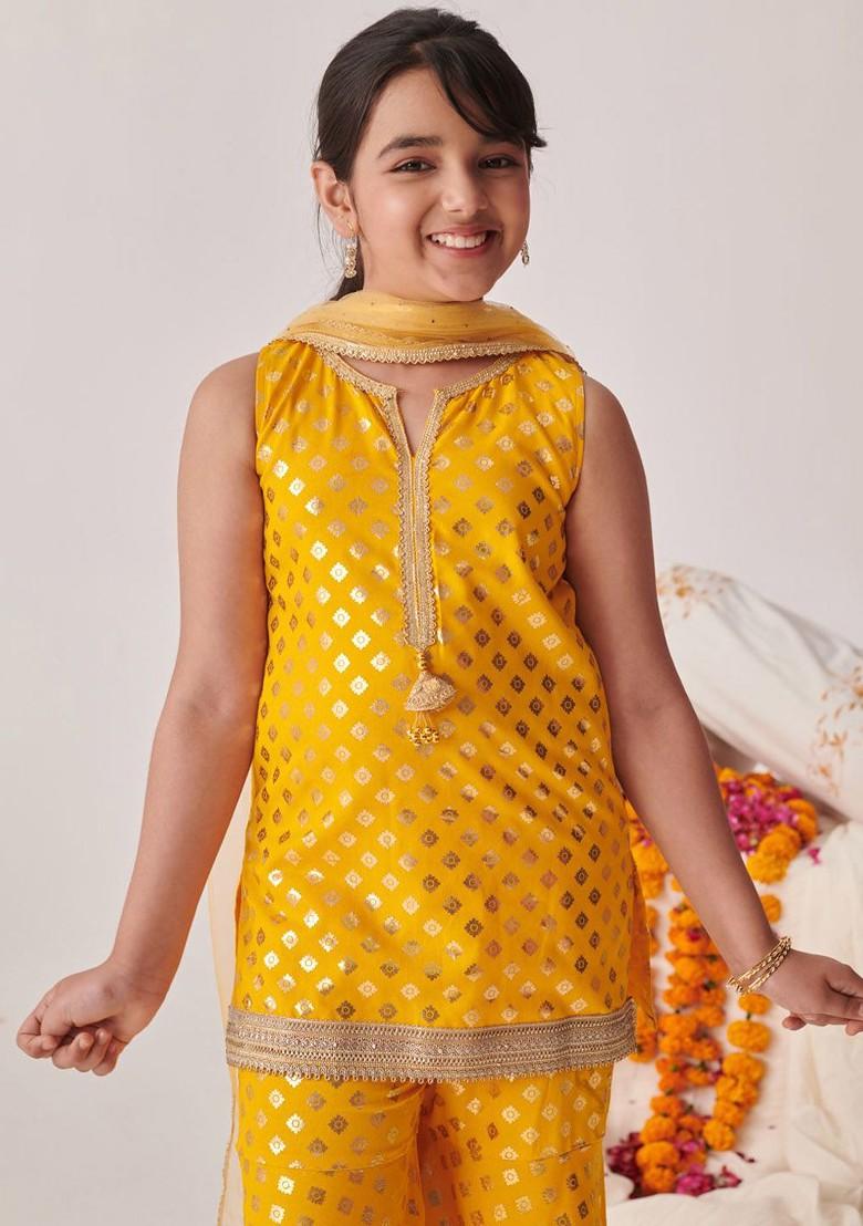 Yellow Printed Poly Blend Sharara Set With Dupatta For Girls