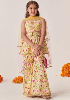Yellow Printed Poly Blend Sharara Set With Dupatta For Girls