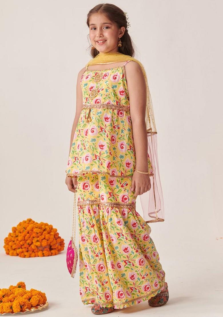 Yellow Printed Poly Blend Sharara Set With Dupatta For Girls