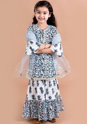 Blue Printed Poly Blend Sharara Set With Dupatta For Girls