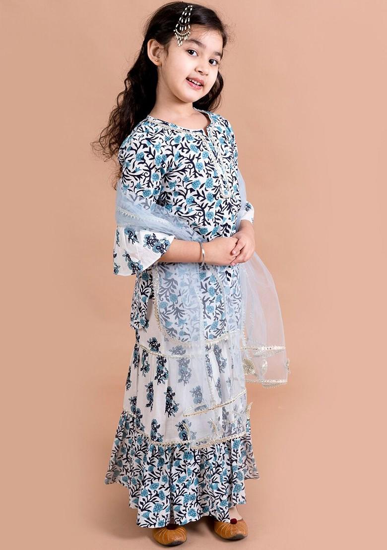 Blue Printed Poly Blend Sharara Set With Dupatta For Girls