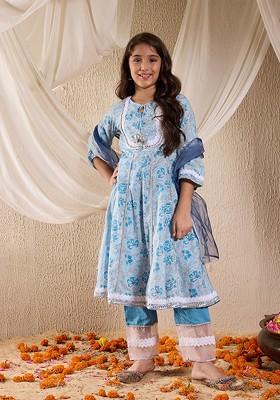 Blue Printed Poly Blend Salwar Kameez With Dupatta For Girls