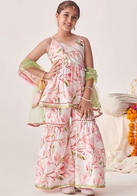 Pink Printed Poly Blend Sharara Set With Dupatta For Girls
