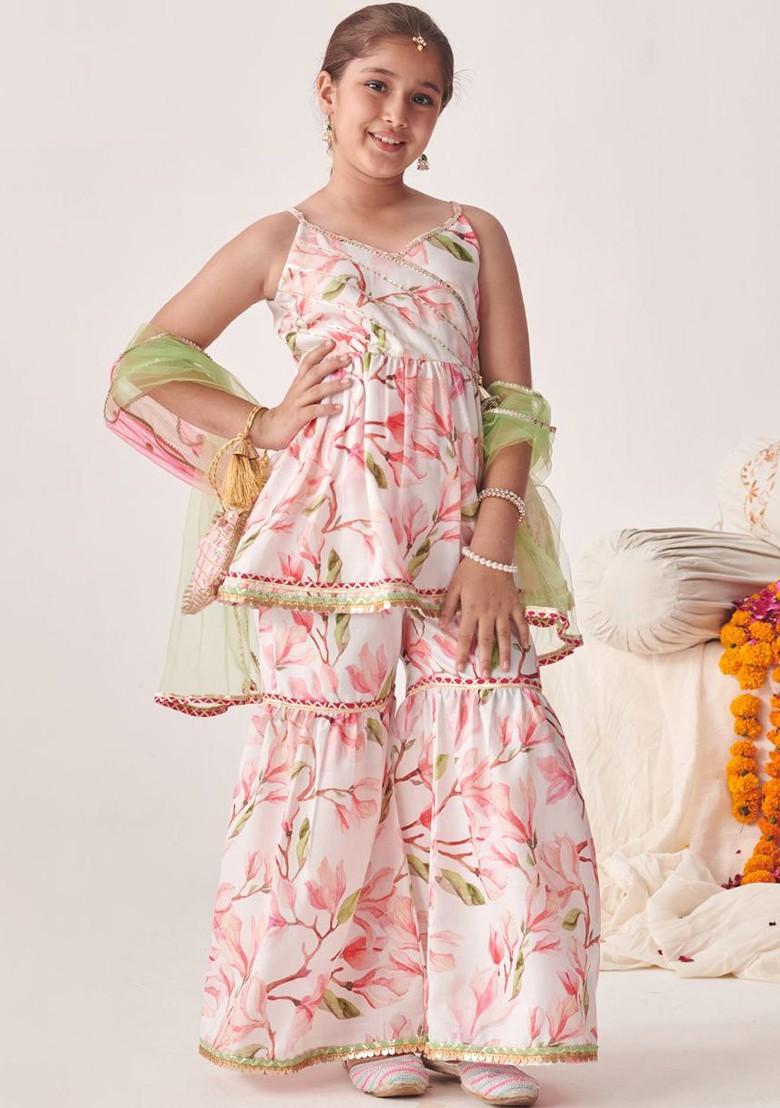 Pink Printed Poly Blend Sharara Set With Dupatta For Girls