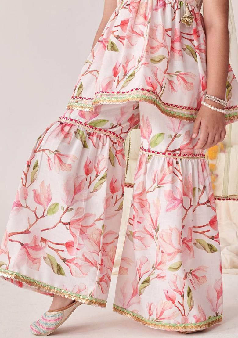 Pink Printed Poly Blend Sharara Set With Dupatta For Girls