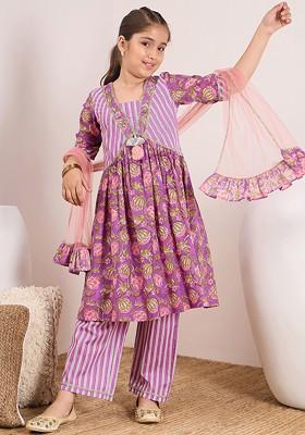 Purple Printed Poly Blend Palazzo Set With Dupatta For Girls