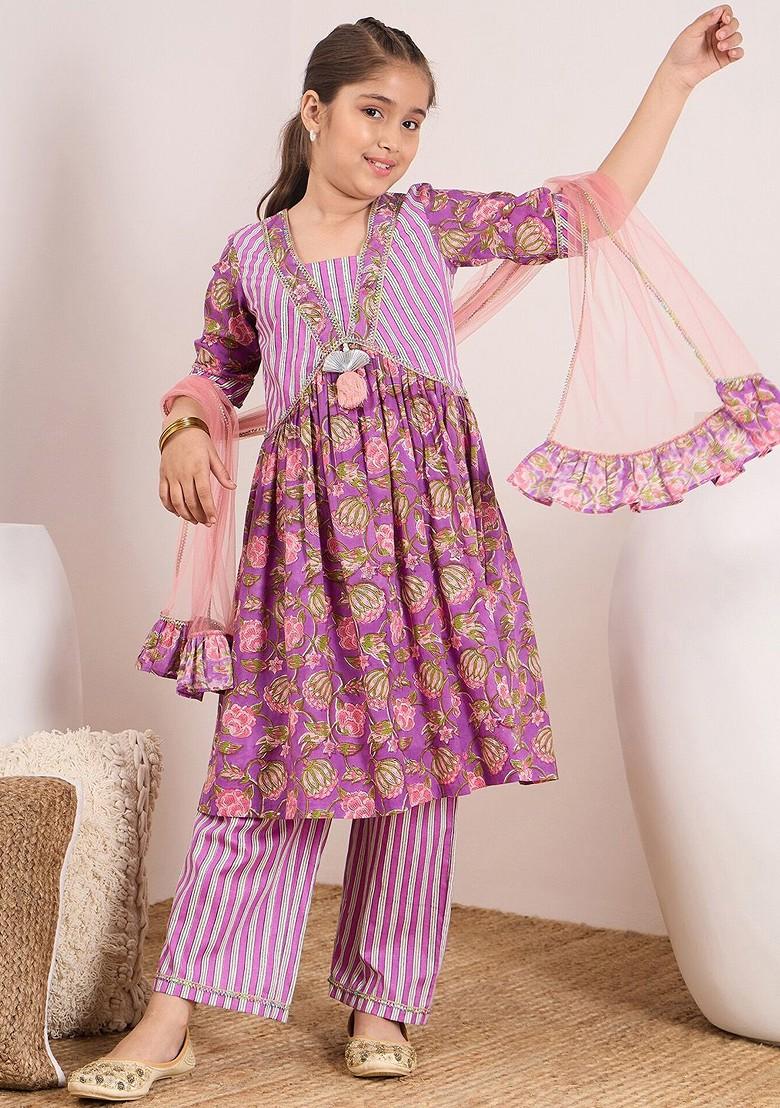Purple Printed Poly Blend Palazzo Set With Dupatta For Girls
