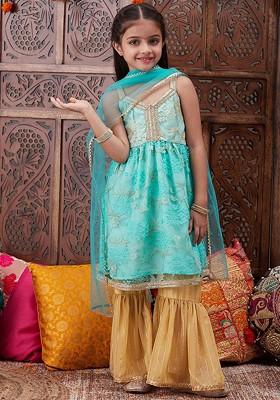 Turquoise Blue Embroidered Poly Blend Sharara Set With Dupatta For Girls