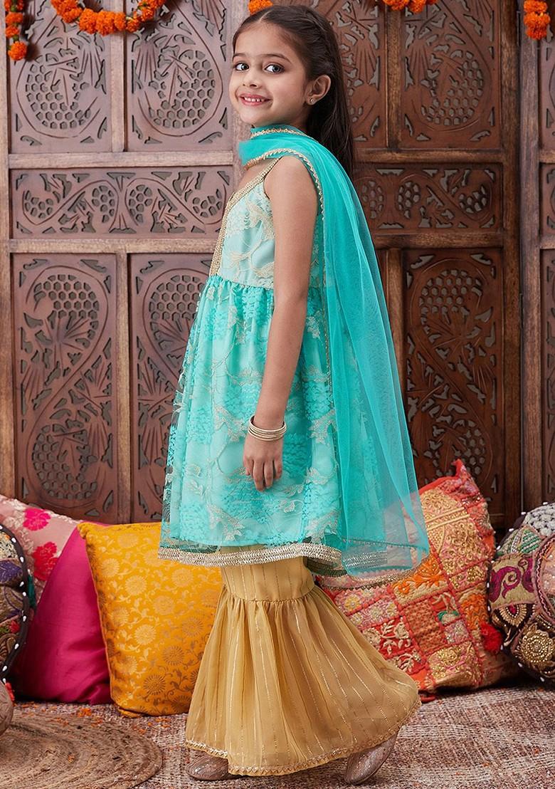 Turquoise Blue Embroidered Poly Blend Sharara Set With Dupatta For Girls