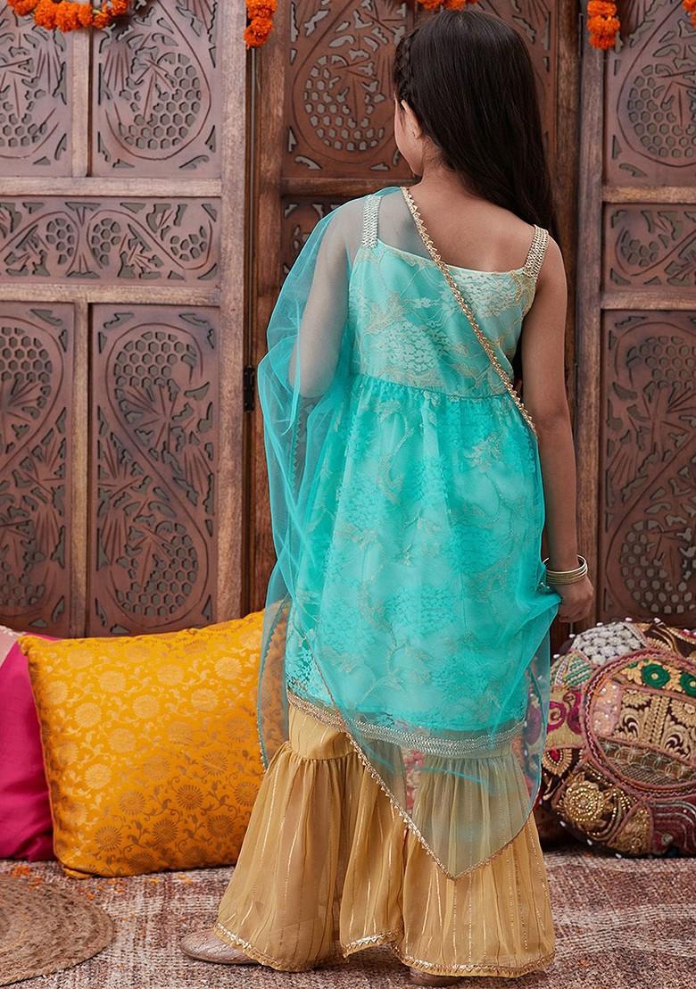 Turquoise Blue Embroidered Poly Blend Sharara Set With Dupatta For Girls