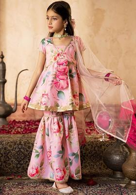 Peach Embroidered Poly Blend Sharara Set With Dupatta For Girls