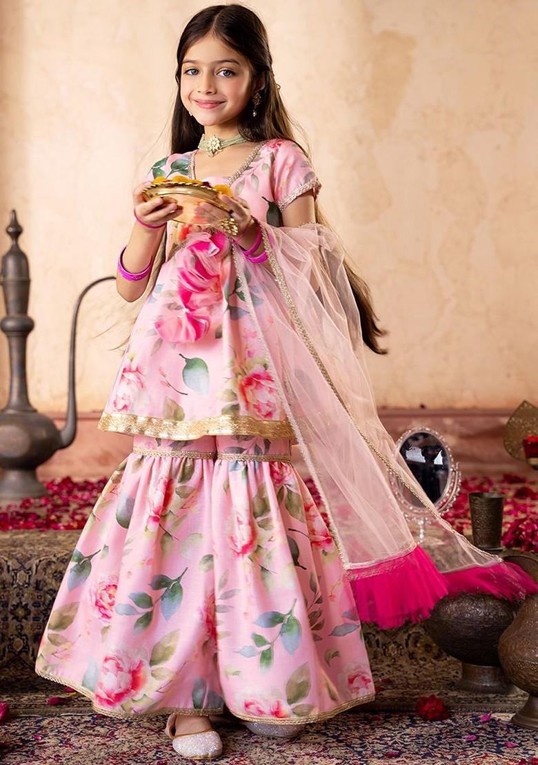 Peach Embroidered Poly Blend Sharara Set With Dupatta For Girls
