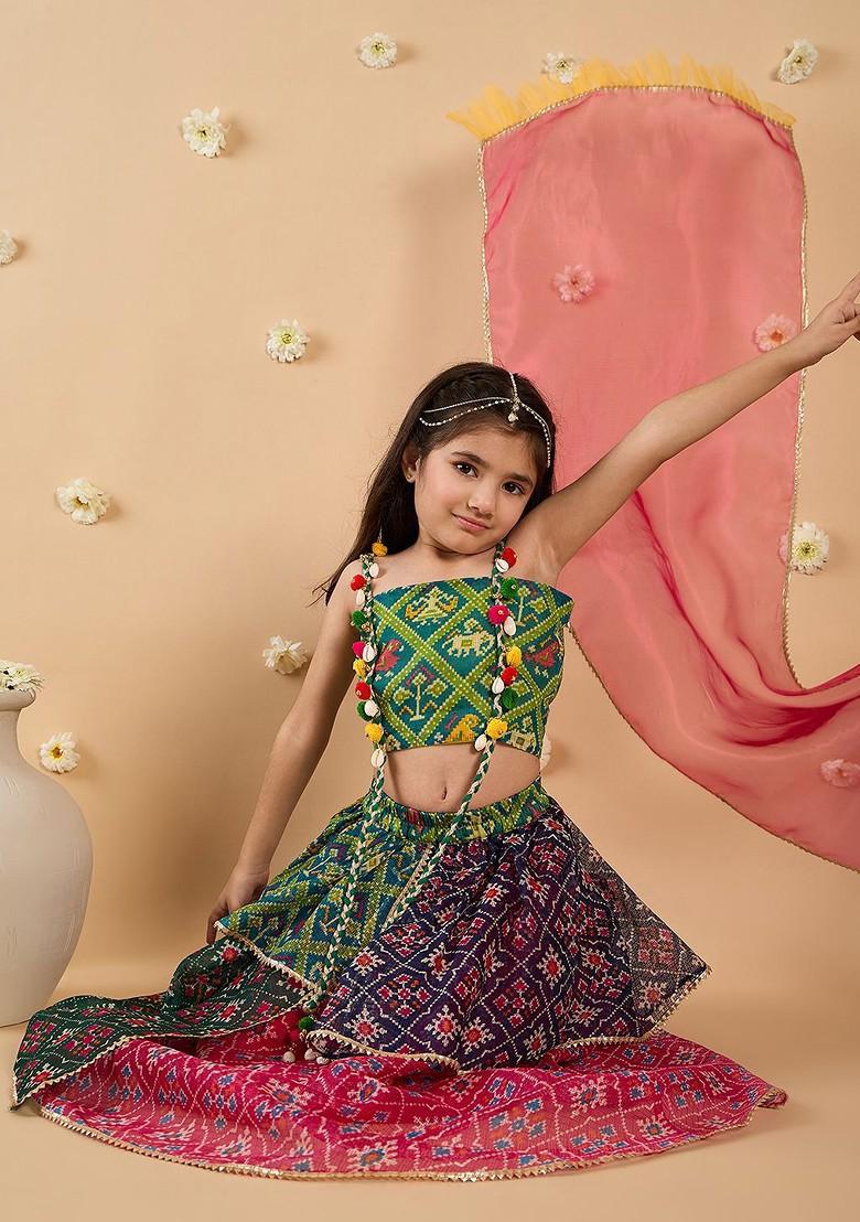 Green Printed Poly Blend Lehenga Set With Dupatta For Girls