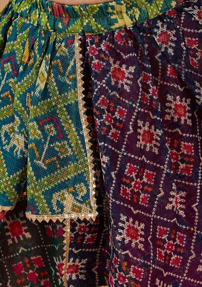 Green Printed Poly Blend Lehenga Set With Dupatta For Girls