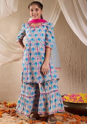 Blue Printed Poly Blend Sharara Set With Dupatta For Girls
