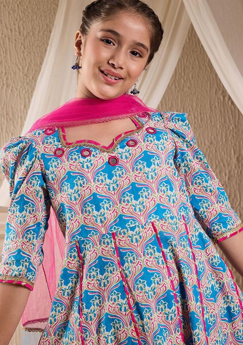 Blue Printed Poly Blend Sharara Set With Dupatta For Girls