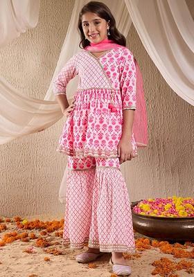 Pink Printed Poly Blend Sharara Set With Dupatta For Girls