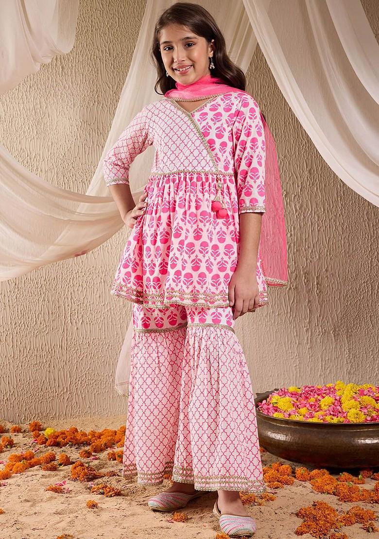 Pink Printed Poly Blend Sharara Set With Dupatta For Girls