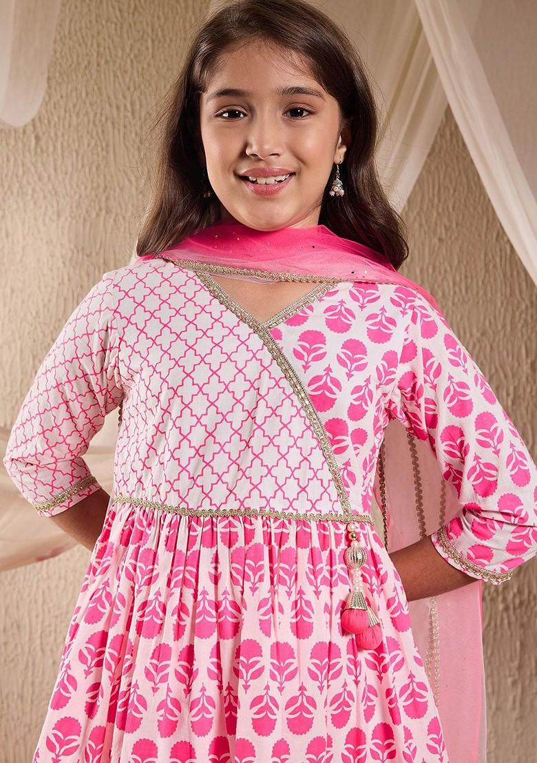 Pink Printed Poly Blend Sharara Set With Dupatta For Girls