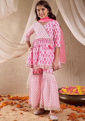 Pink Printed Poly Blend Sharara Set With Dupatta For Girls