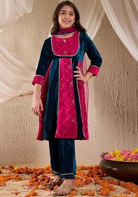 Teal Blue Embroidered Poly Blend Salwar Kameez With Dupatta For Girls