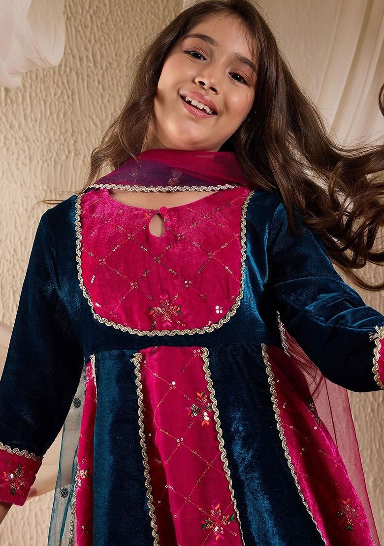 Teal Blue Embroidered Poly Blend Salwar Kameez With Dupatta For Girls