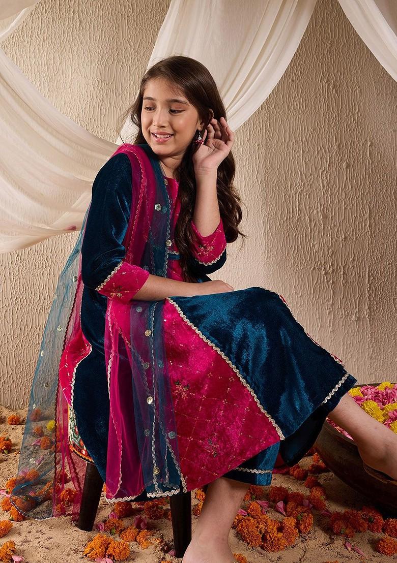 Teal Blue Embroidered Poly Blend Salwar Kameez With Dupatta For Girls
