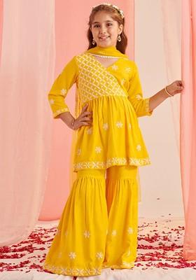 Yellow Embroidered Poly Blend Sharara Set With Dupatta For Girls