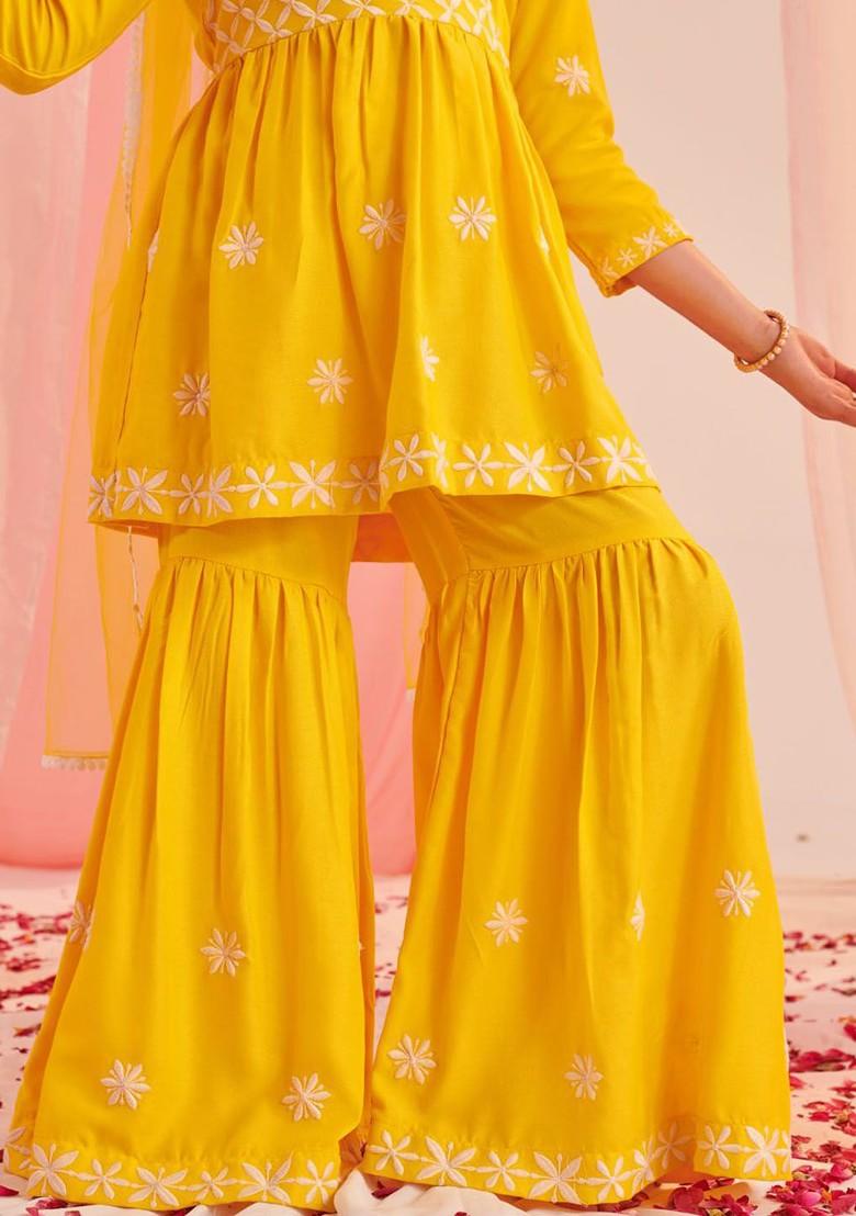 Yellow Embroidered Poly Blend Sharara Set With Dupatta For Girls