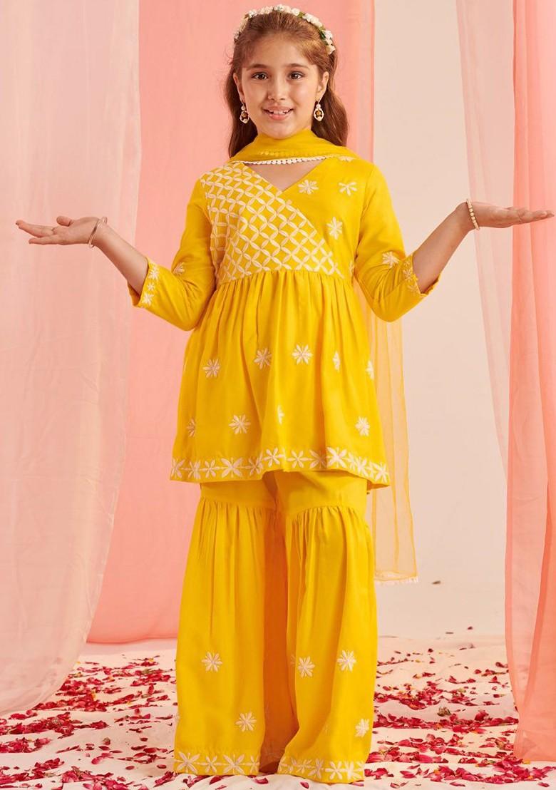 Yellow Embroidered Poly Blend Sharara Set With Dupatta For Girls