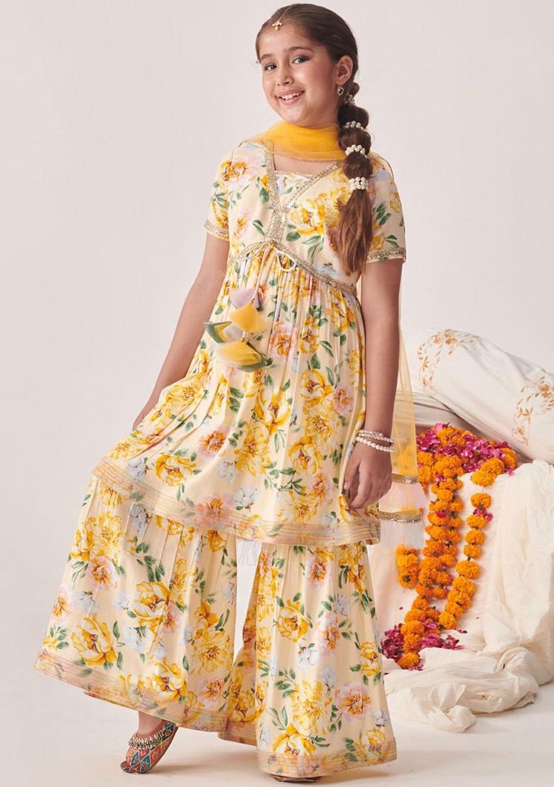 Off White Printed Poly Blend Sharara Set With Dupatta For Girls