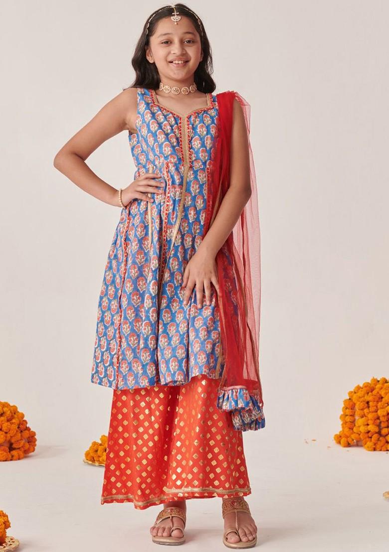 Blue Printed Poly Blend Palazzo Set With Dupatta For Girls