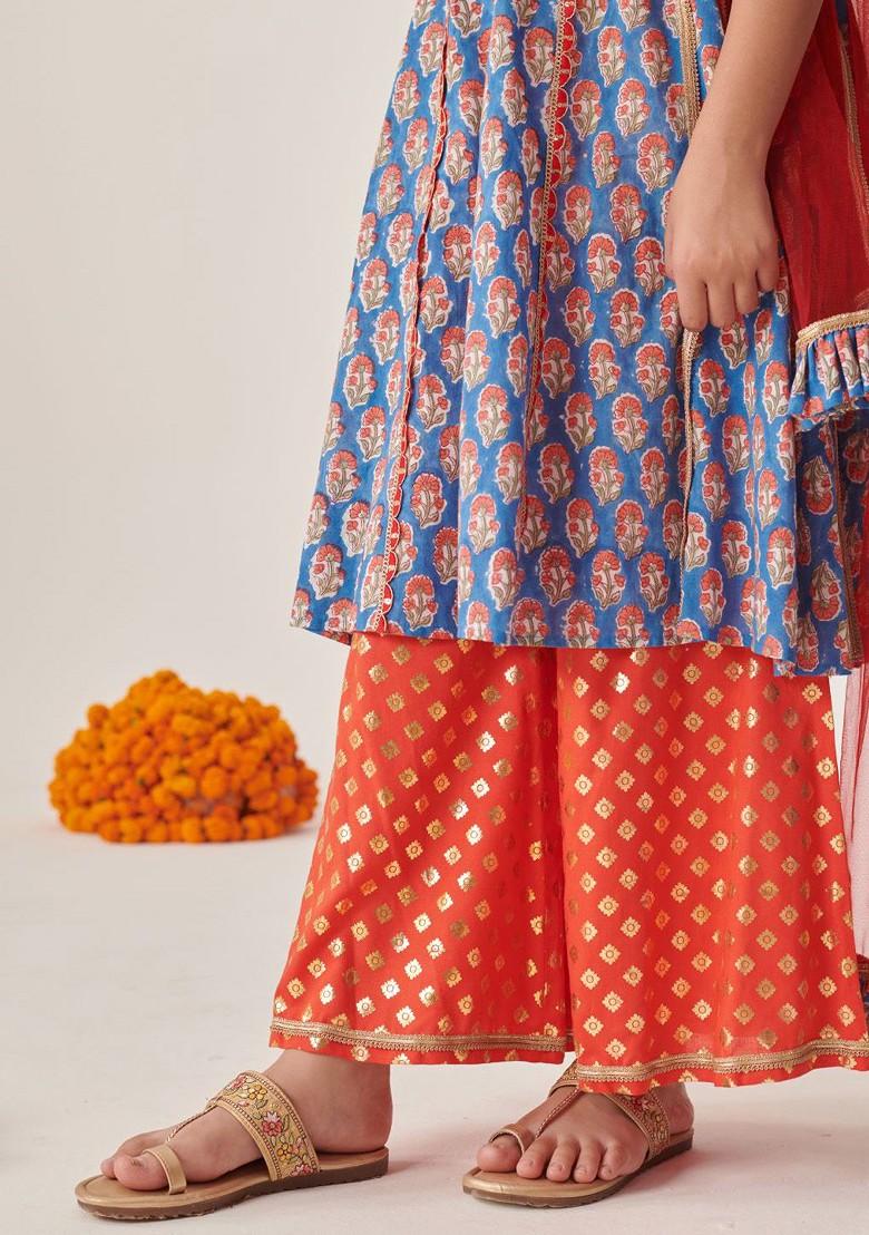 Blue Printed Poly Blend Palazzo Set With Dupatta For Girls