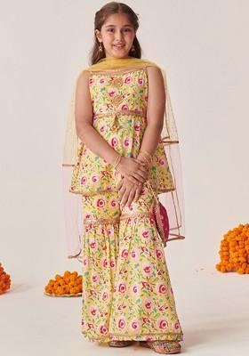 Yellow Embroidered Poly Blend Sharara Set With Dupatta For Girls