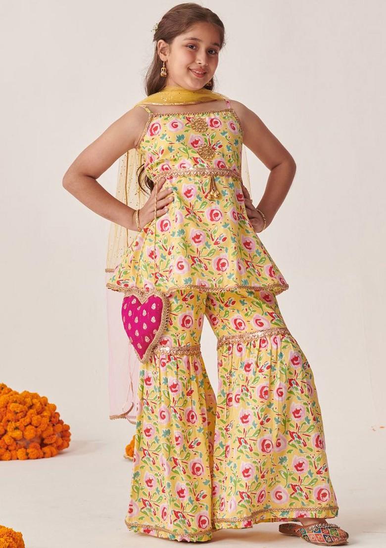 Yellow Embroidered Poly Blend Sharara Set With Dupatta For Girls