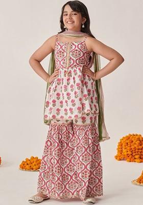 Pink Printed Poly Blend Sharara Set With Dupatta For Girls