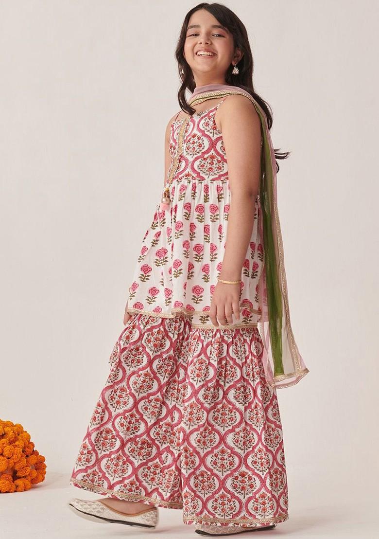 Pink Printed Poly Blend Sharara Set With Dupatta For Girls